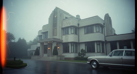 3D rendering of an old classic car parked in front of a modern houseの素材