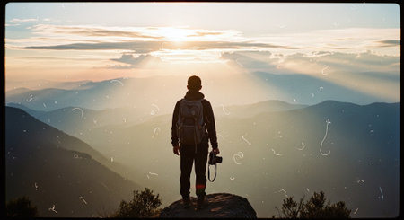 Silhouette of a photographer with a camera on top of a mountainの素材