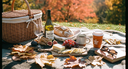 Picnic in the park on a sunny autumn day. A bottle of wine, bread, cheese, grapes, glasses and a wicker basket.の素材