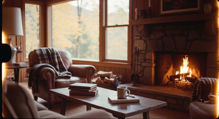Cozy living room with fireplace, sofa, coffee cup and book.の素材