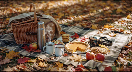 Autumn picnic in the park. Picnic basket, a cup of coffee, cookies, an old camera and a plaid on the background of fallen leaves.の素材