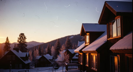 Wooden houses in the mountains at sunset. Beautiful winter landscape in the mountains.の素材