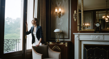 Portrait of a beautiful woman in the interior of the hotel roomの素材