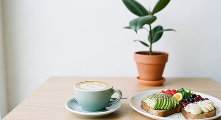 Coffee and toast with fruit on wooden table in coffee shopの素材