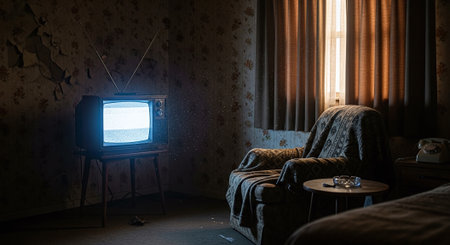 Retro TV in the interior of an old abandoned house. 3d renderingの素材