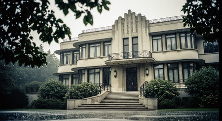 Old house in the park with rain. Black and white photo.の素材