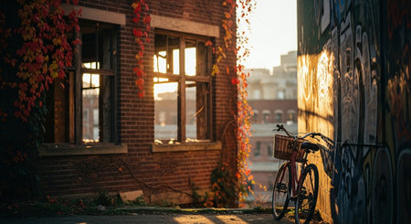 Vintage bicycle in front of an old brick wall at sunset.の素材