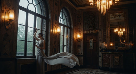 Beautiful young woman in a long white dress in the interior of the castleの素材