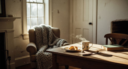 Cup of coffee and croissant on a wooden table with knitted scarfの素材