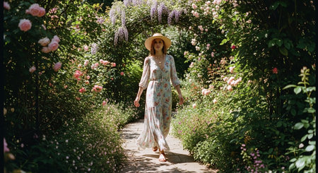 Beautiful young woman in a long light dress and a straw hat walks in the garden among blooming roses.の素材