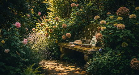Flower garden with bench, books and hydrangea flowersの素材