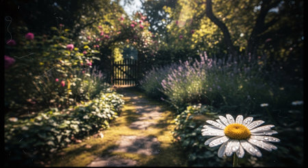 Daisies in the garden with a gate in the background.の素材