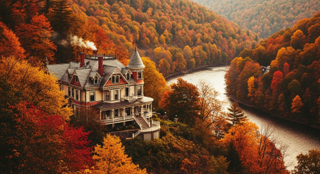 Beautiful autumn landscape with a view on the river and the castle.の素材