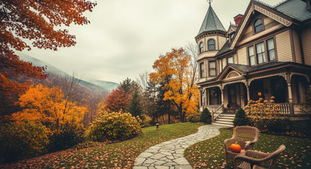 Beautiful old house in autumn. Vintage style toned picture.の素材