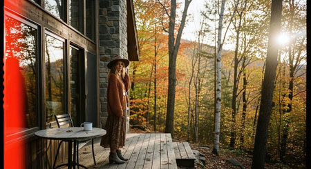 Beautiful woman in a hat and a warm sweater is standing on the terrace of a country house in the autumn forestの素材