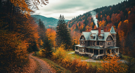 Wooden house in the Carpathian mountains. Autumn landscape.の素材
