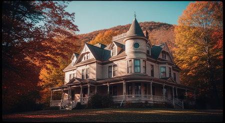 Beautiful old house in the autumn forest. Vintage style toned pictureの素材
