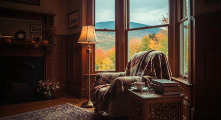 Interior of a country house with a beautiful view of the mountains.の素材