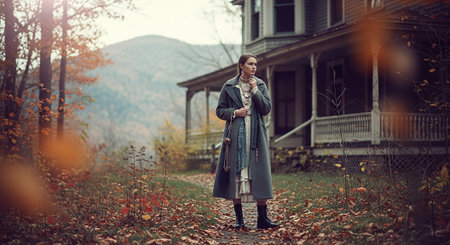 Portrait of a beautiful young woman in a long coat in the autumn forest.の素材