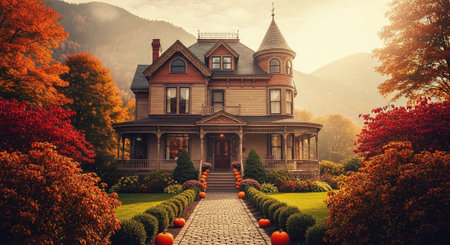 Beautiful old house in the autumn forest. 3D Renderingの素材