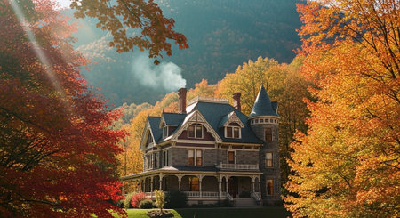Autumn landscape with a beautiful old house in the mountains. Fall season.の素材