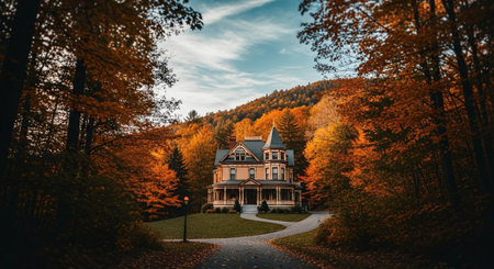 Autumn landscape with a beautiful house in the middle of the forestの素材