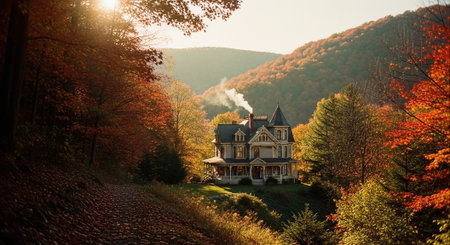 Autumn landscape with beautiful house in the mountains. Beautiful autumn forest.の素材