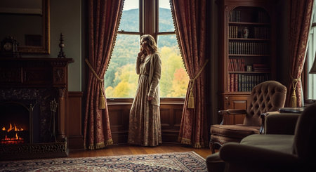Young woman in a long dress stands near the window and looks out the window.の素材
