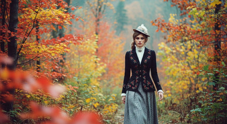 Fashion portrait of young beautiful woman in the autumn forest. Beauty, fashion.の素材