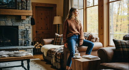 Beautiful young woman in casual clothes sitting on a coffee table in a cozy living room.の素材