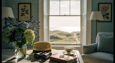 Cup of coffee, a hat, a bouquet of hydrangea flowers and a camera on the windowsill.の素材