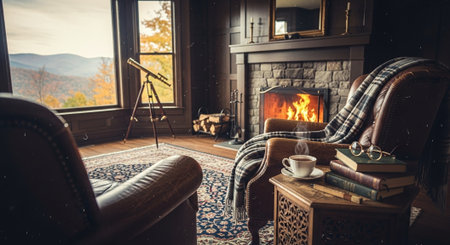 Cozy living room with fireplace, armchair, coffee cup and plaidの素材