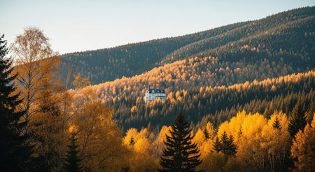 Mountain autumn landscape with a church in the middle of the forestの素材