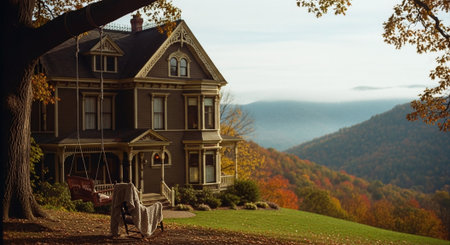 Beautiful house in the mountains on a sunny autumn day. Landscape.の素材