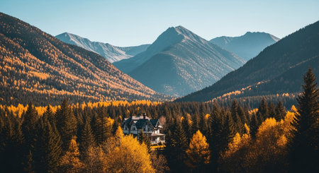 Panoramic view of alpine village in autumn. Location place Carpathian, Ukraine, Europe. Scenic image of popular travel destination. Discover the beauty of earth.の素材