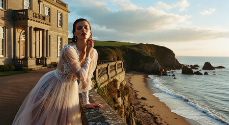 Beautiful bride in white wedding dress posing on the beach at sunsetの素材