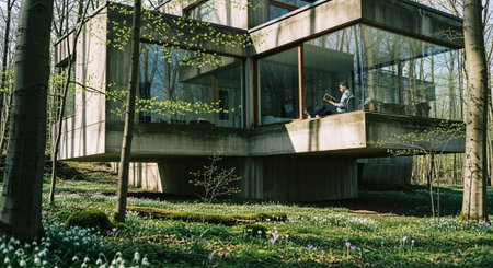 Young man reading a book in front of a modern office building.の素材