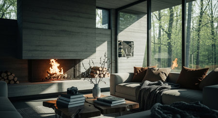Cozy modern living room interior design with fireplace. 3d renderingの素材