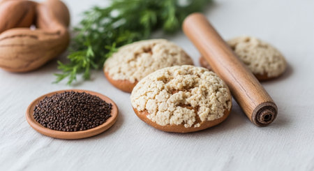 Crispy cookies with sesame seeds and spices on white backgroundの素材
