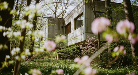 Wooden house in the garden with blossoming trees and flowers.の素材