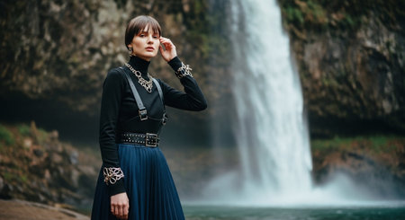 Beautiful woman in a black dress near the waterfall. Boho style.の素材