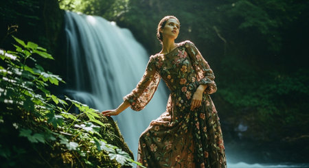 Beautiful young woman in a long dress near a waterfall in the forestの素材