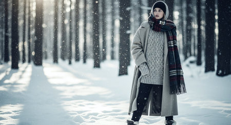Beautiful young woman walking in the winter forest. Winter fashion.の素材