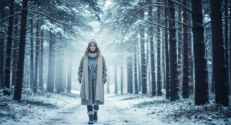 Young woman in winter coat walking in snowy forest. Beauty, fashion.の素材