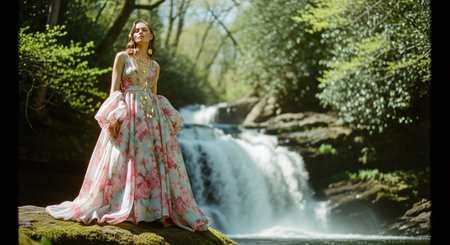 Beautiful girl in a long pink dress posing on the background of a waterfallの素材