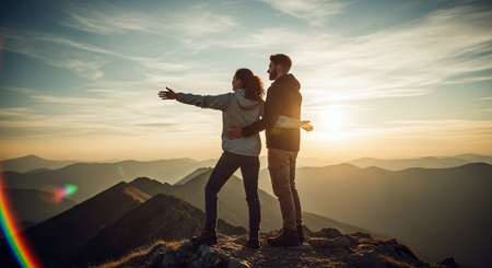 Young couple standing on top of a mountain and looking at the sunsetの素材