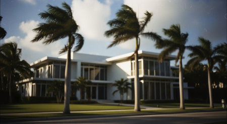 Palm trees in front of modern building. Blurred background.の素材