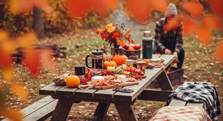 Autumn picnic in the forest. Man and woman on a picnic in the forest.の素材