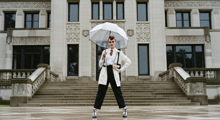 Full length portrait of a beautiful young woman in white coat with umbrellaの素材
