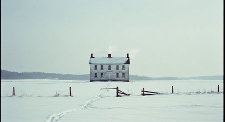 Old house in the middle of a snowy field. Retro style.の素材